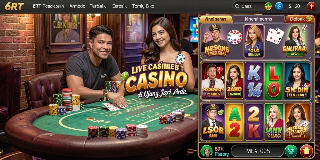 Screenshot permainan Live Casino yang menampilkan dealer dan pemain berinteraksi.