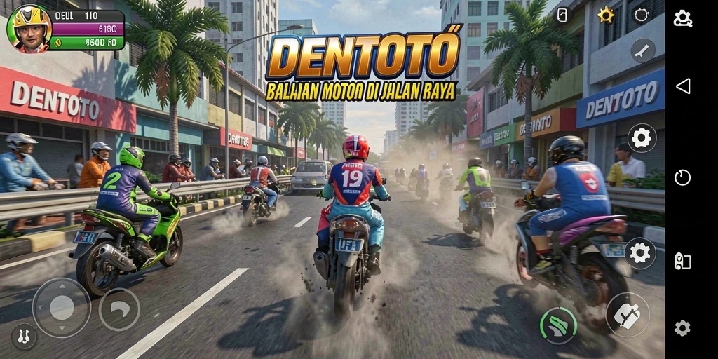 Tampilan epik balapan motor dalam DENTOTO dengan grafis yang menawan.