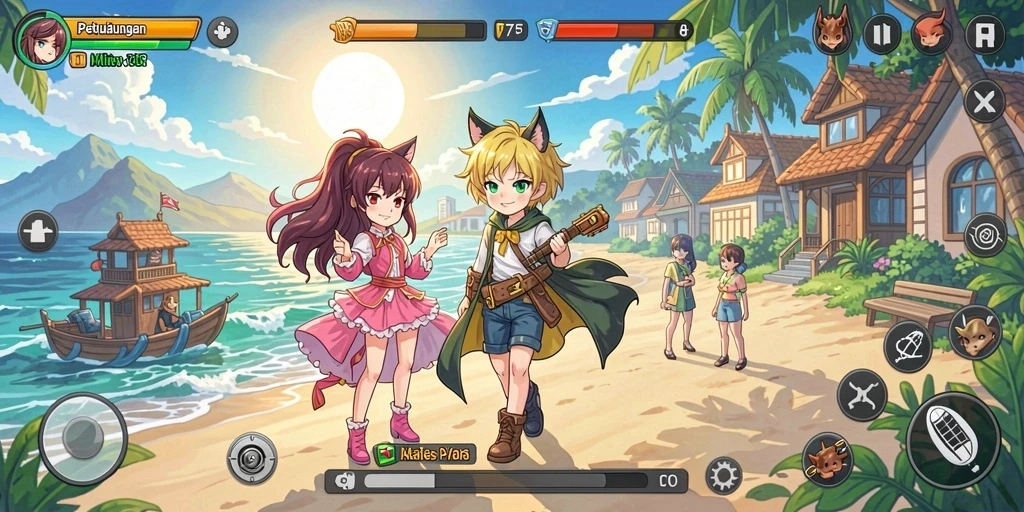 Screenshot gameplay F7F7 dengan karakter anime yang menawan.