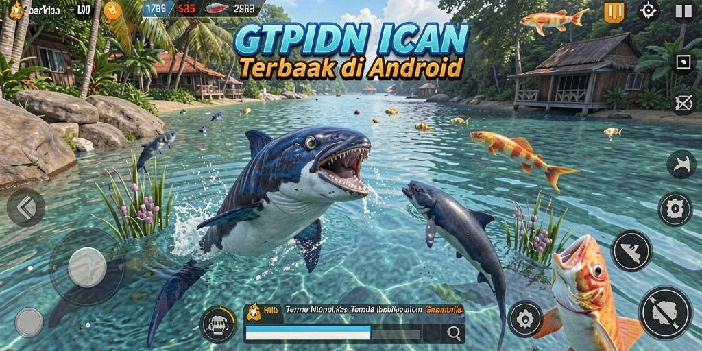 Tampilan gameplay seru GTPIDN saat menembak ikan di lautan.