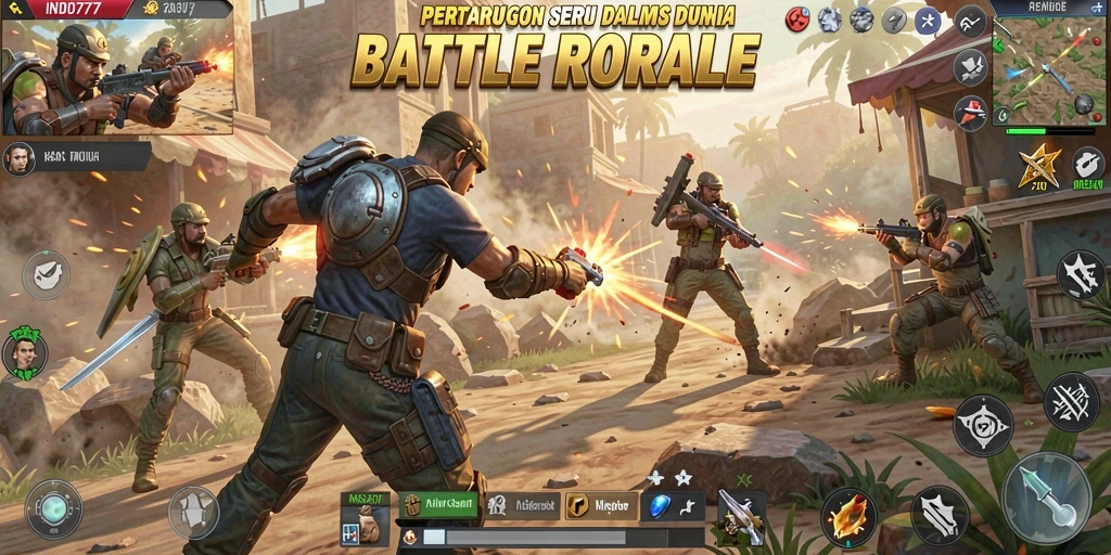 Gameplay seru INDO777 saat bertempur di arena Battle Royale.