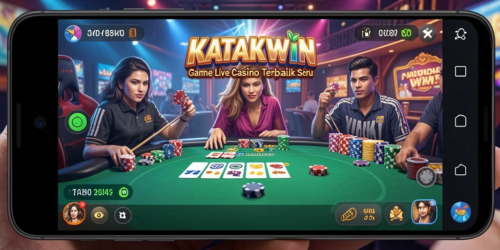 Screenshot gameplay KATAKWIN menampilkan dealer langsung dan suasana kasino yang mengasyikkan.