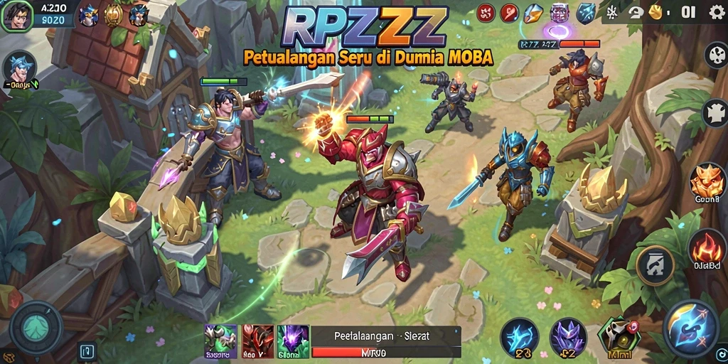 Tangkapan layar gameplay seru dalam pertempuran MOBA yang mendebarkan.