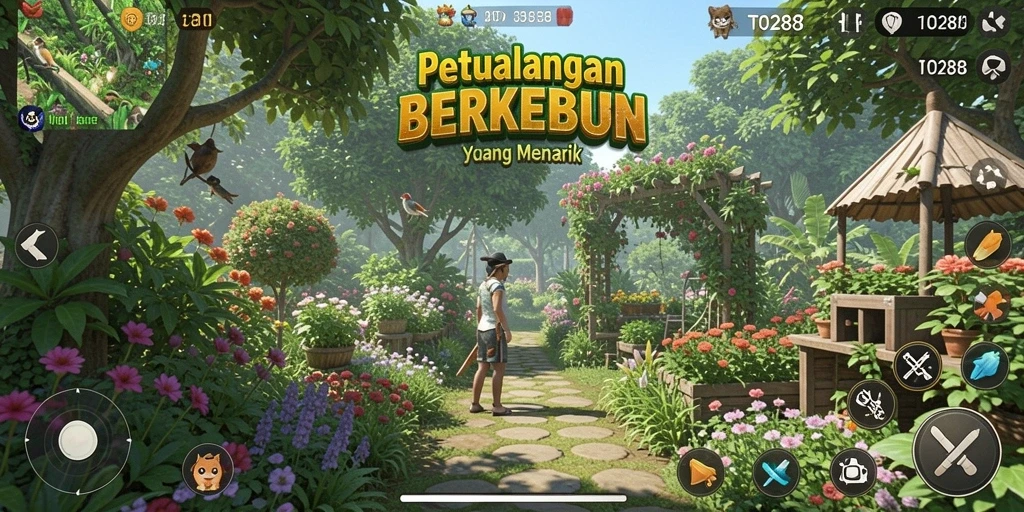 Gambar gameplay TO288 yang menunjukkan aktivitas berkebun yang seru.