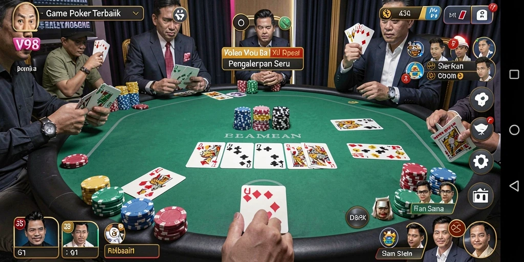 Screenshot V98 menampilkan gameplay Poker yang mendebarkan dan menarik.