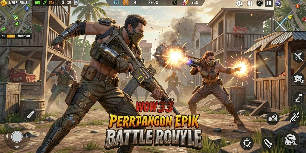Tampilan gameplay WOW33 dengan aksi Battle Royale yang mendebarkan.