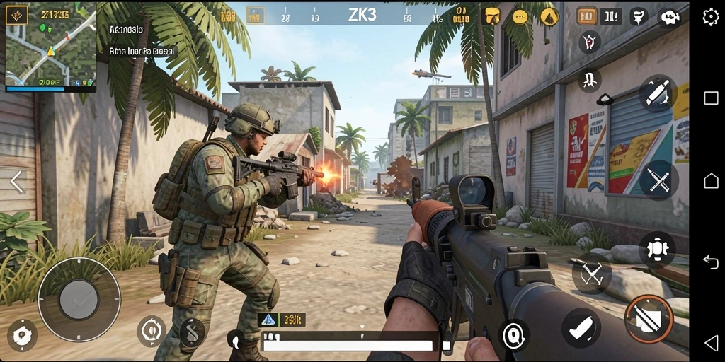Screenshot menunjukan aksi intens dalam permainan ZK3 dengan grafis yang tajam.